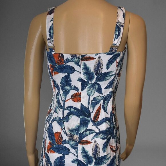 Robin K Sheath Mini Dress Medium White Blue Linen-Cotton Lined Wide Straps Leave - Picture 2 of 16